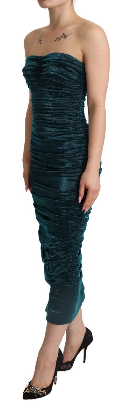 Vestido midi drapeado con corpiño palabra de honor de Dolce & Gabbana color turquesa