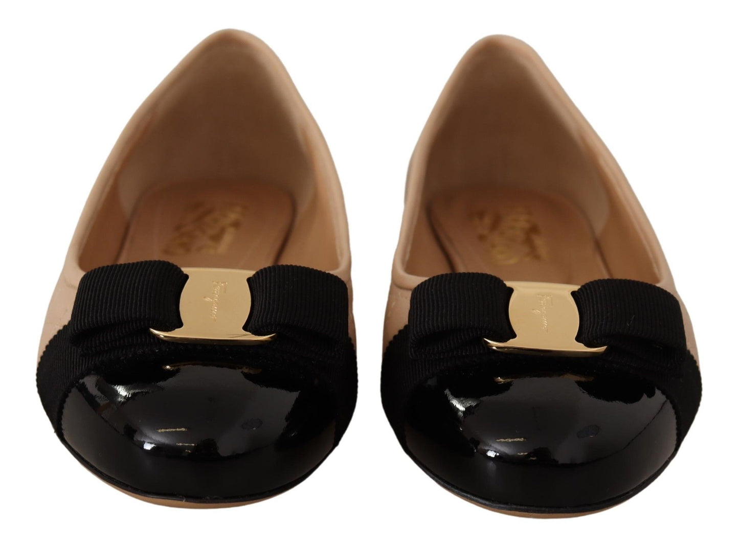 Salvatore Ferragamo Beige and Black Nappa Leather Ballet Flats