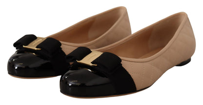 Salvatore Ferragamo Beige and Black Nappa Leather Ballet Flats