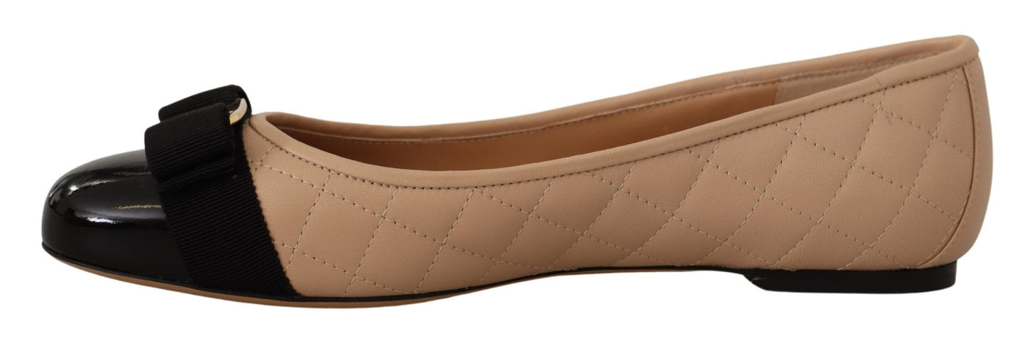 Salvatore Ferragamo Beige and Black Nappa Leather Ballet Flats