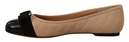 Salvatore Ferragamo Beige and Black Nappa Leather Ballet Flats