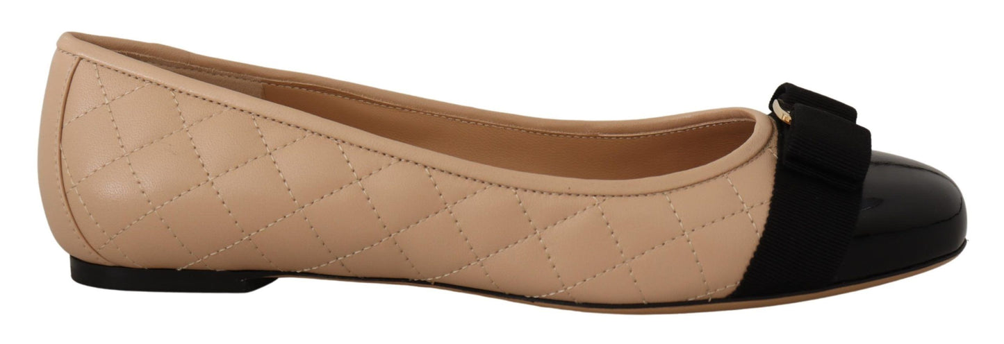Salvatore Ferragamo Beige and Black Nappa Leather Ballet Flats