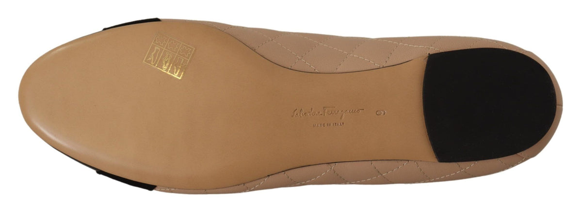 Salvatore Ferragamo Beige and Black Nappa Leather Ballet Flats
