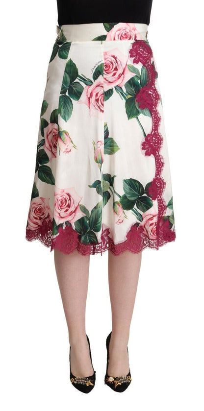 Dolce & Gabbana Falda midi acampanada de talle alto con estampado de rosas blancas