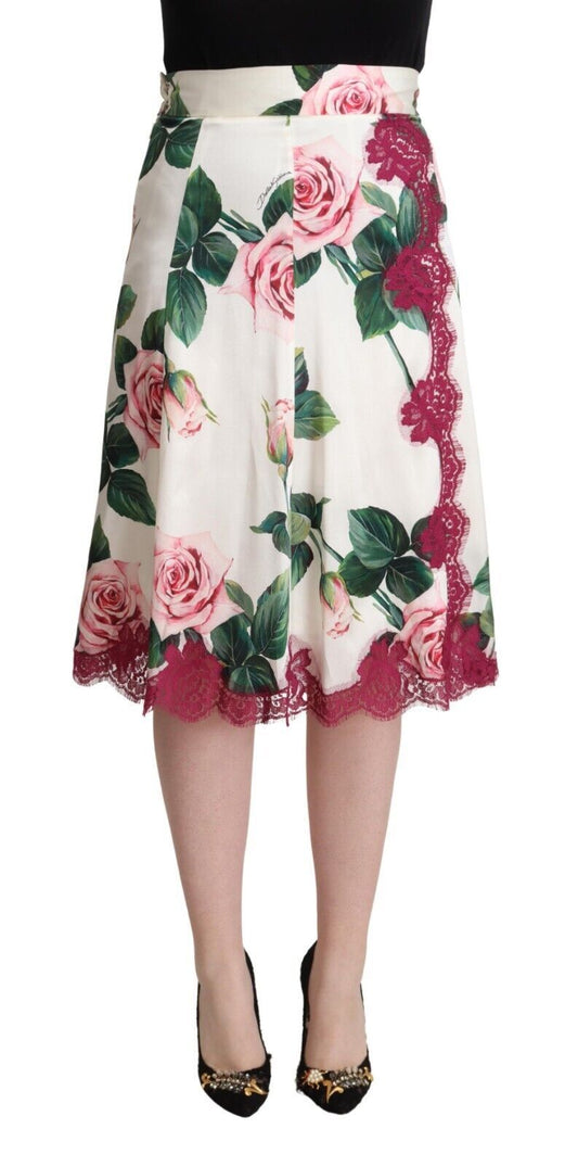 Dolce & Gabbana Falda midi acampanada de talle alto con estampado de rosas blancas