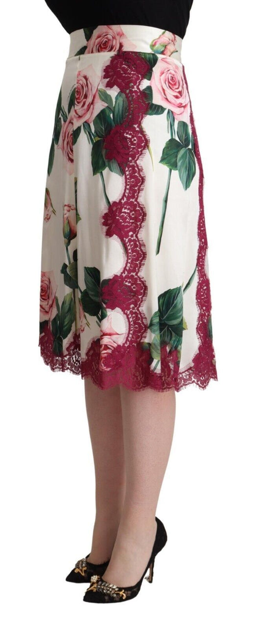 Dolce & Gabbana Falda midi acampanada de talle alto con estampado de rosas blancas