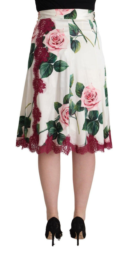 Dolce & Gabbana Falda midi acampanada de talle alto con estampado de rosas blancas