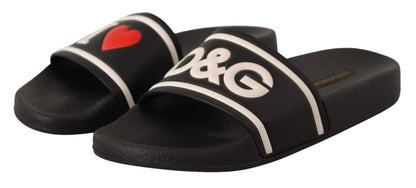 Sandalias Deslizantes Dolce & Gabbana de Cuero Negro con Texto "I Love D&G"