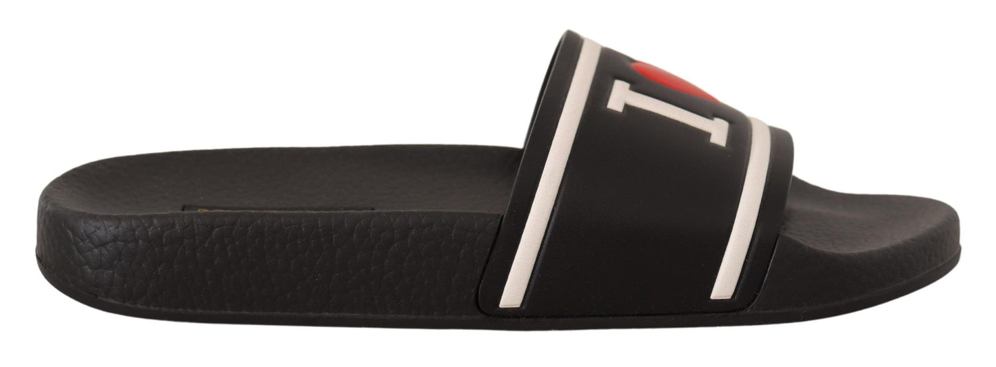 Sandalias Deslizantes Dolce & Gabbana de Cuero Negro con Texto "I Love D&G"