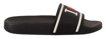 Sandalias Deslizantes Dolce & Gabbana de Cuero Negro con Texto "I Love D&G"
