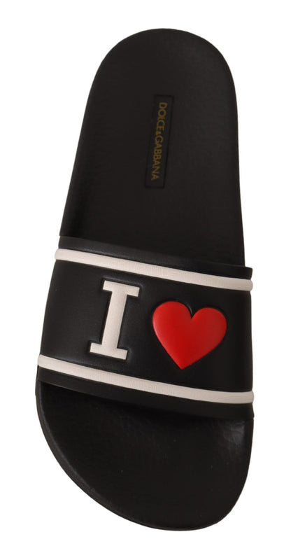 Sandalias Deslizantes Dolce & Gabbana de Cuero Negro con Texto "I Love D&G"