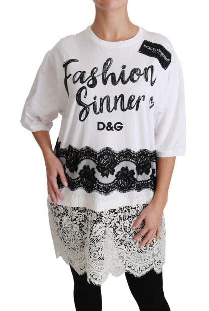 Camiseta de algodón con encaje "Fashion Sinner" de Dolce & Gabbana en blanco