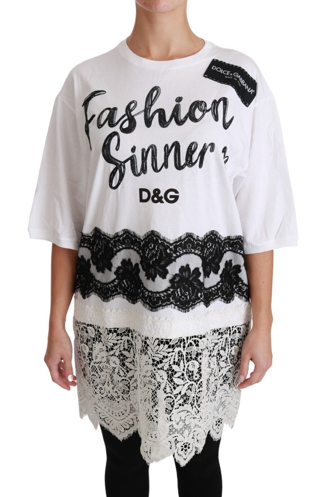 Camiseta de algodón con encaje "Fashion Sinner" de Dolce & Gabbana en blanco
