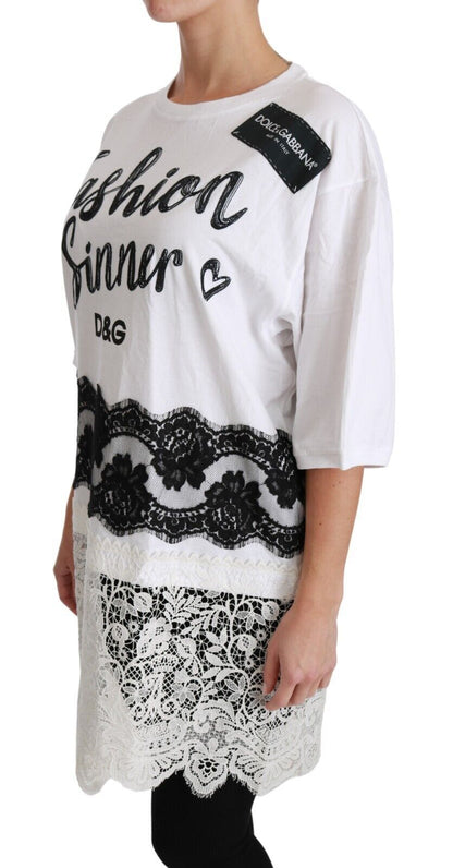 Camiseta de algodón con encaje "Fashion Sinner" de Dolce & Gabbana en blanco