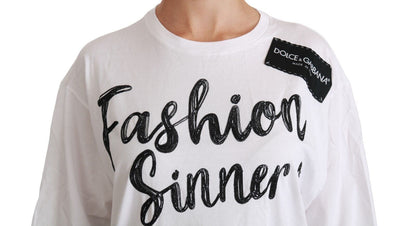Camiseta de algodón con encaje "Fashion Sinner" de Dolce & Gabbana en blanco