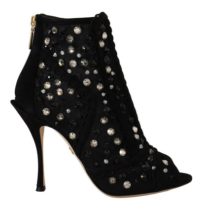 Dolce & Gabbana Botines Cortos con Tacón, Cremallera y Cristales Negros