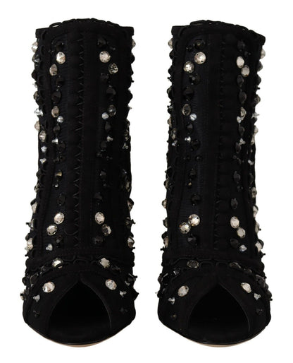 Dolce & Gabbana Botines Cortos con Tacón, Cremallera y Cristales Negros