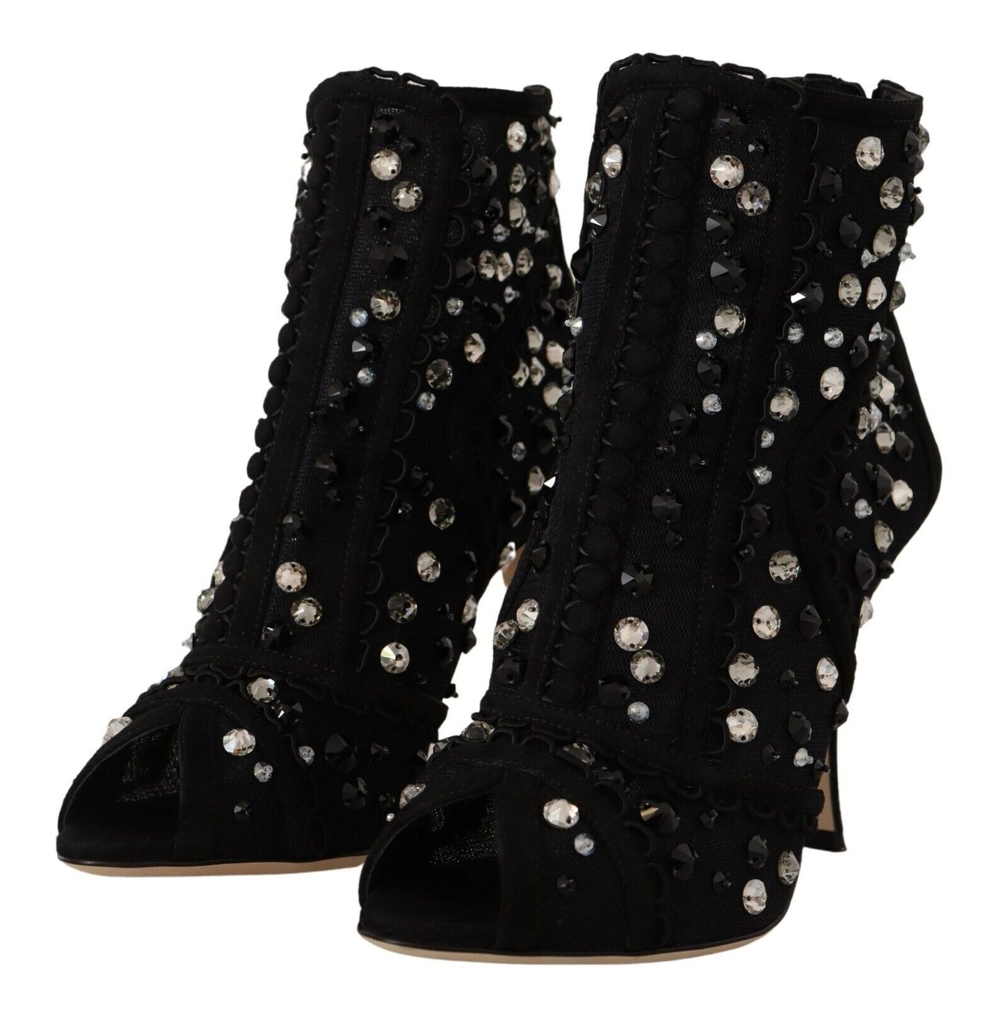 Dolce & Gabbana Botines Cortos con Tacón, Cremallera y Cristales Negros