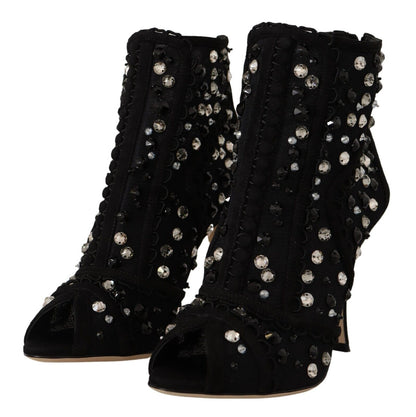 Dolce & Gabbana Botines Cortos con Tacón, Cremallera y Cristales Negros