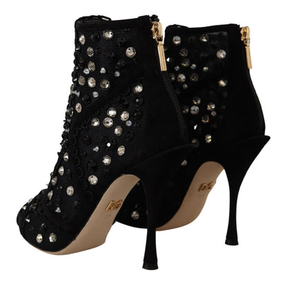 Dolce & Gabbana Botines Cortos con Tacón, Cremallera y Cristales Negros