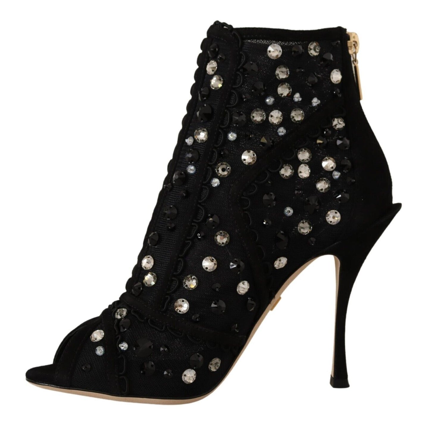 Dolce & Gabbana Botines Cortos con Tacón, Cremallera y Cristales Negros