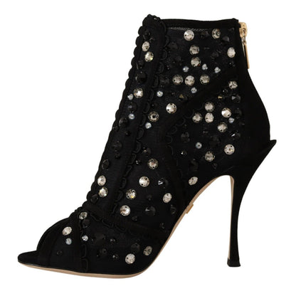 Dolce & Gabbana Botines Cortos con Tacón, Cremallera y Cristales Negros