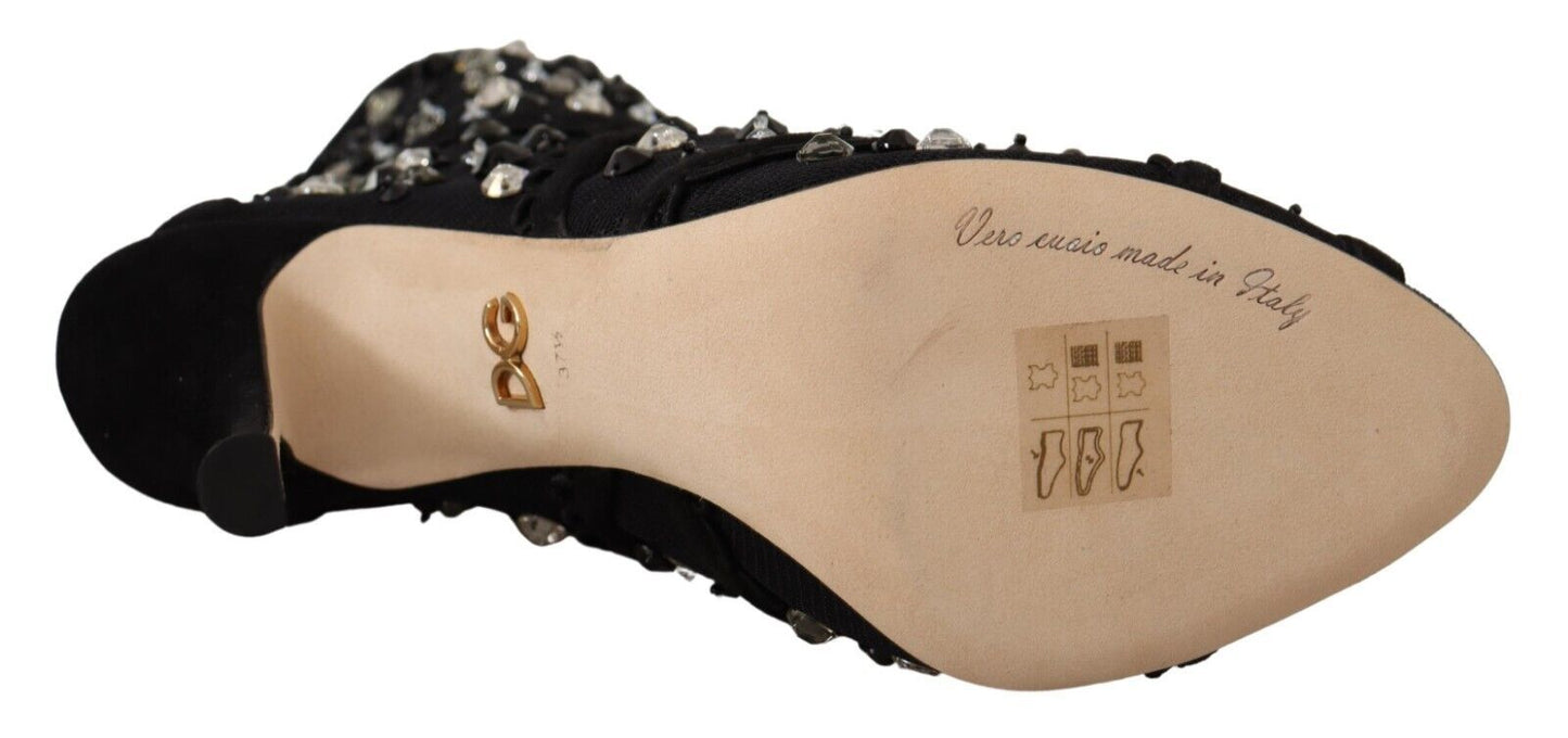 Dolce & Gabbana Botines Cortos con Tacón, Cremallera y Cristales Negros