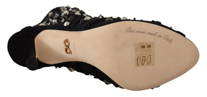 Dolce & Gabbana Botines Cortos con Tacón, Cremallera y Cristales Negros