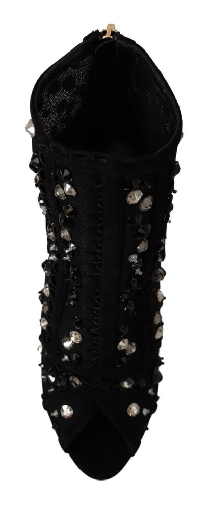 Dolce & Gabbana Botines Cortos con Tacón, Cremallera y Cristales Negros