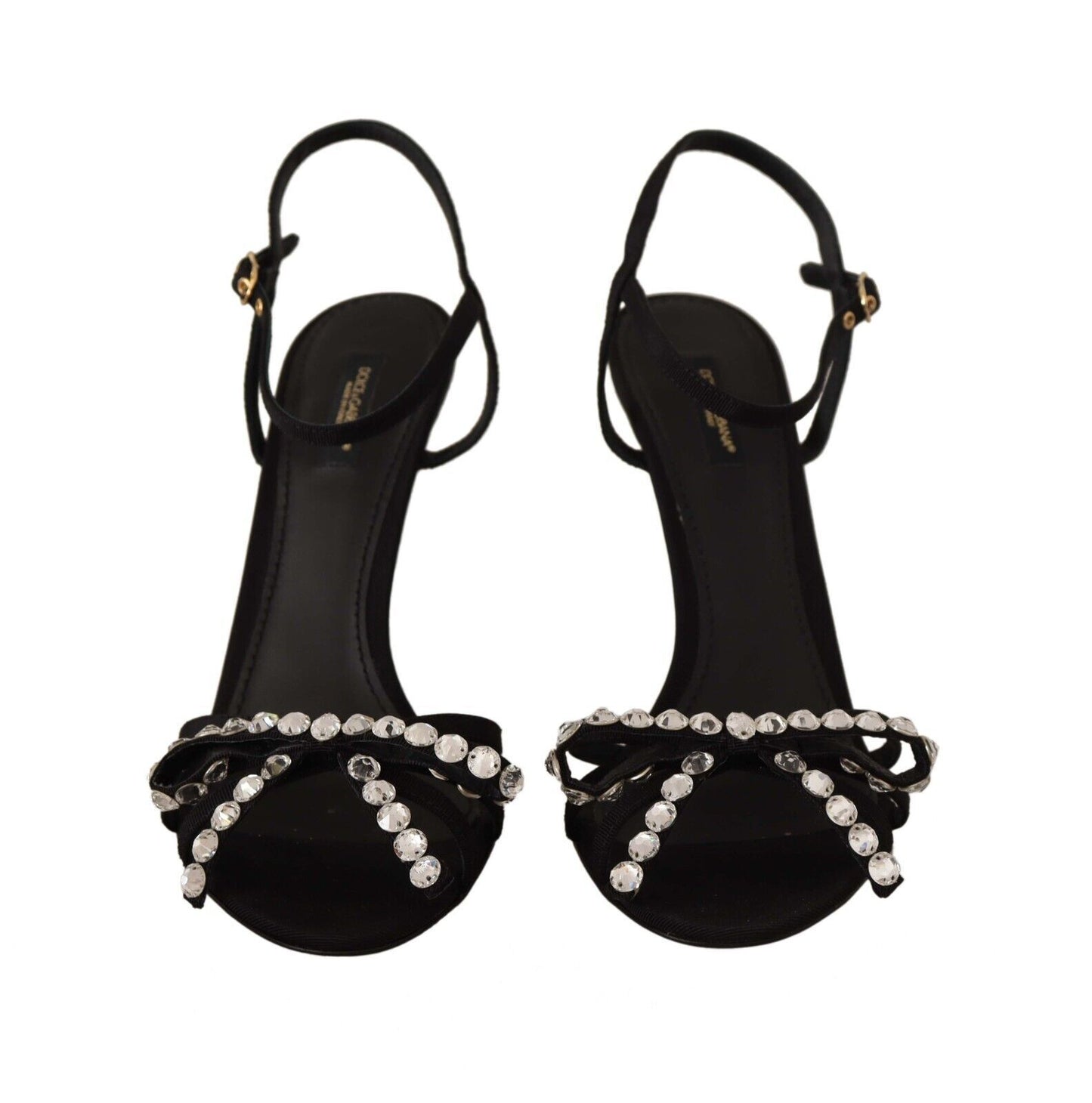 Sandalias de tacón con tira en el tobillo y cristales negros Dolce & Gabbana