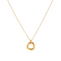 Delicate gold-plated necklace with three interlocking circle rings forming a minimalist knot pendant on cream background
