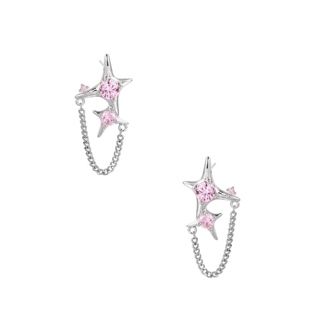 Pair of silver star-shaped ear climbers with pink zirconia stones connected by delicate chains