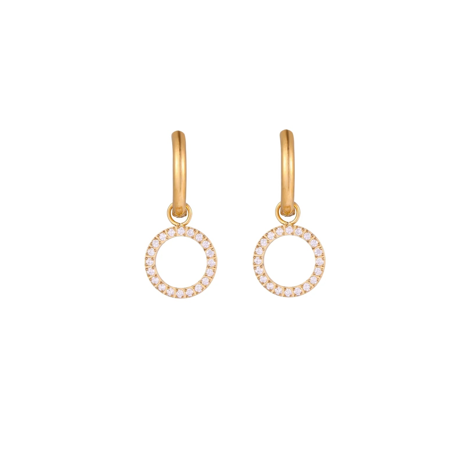 Gold-plated huggie hoop earrings with CZ-studded open circle charms on beige background