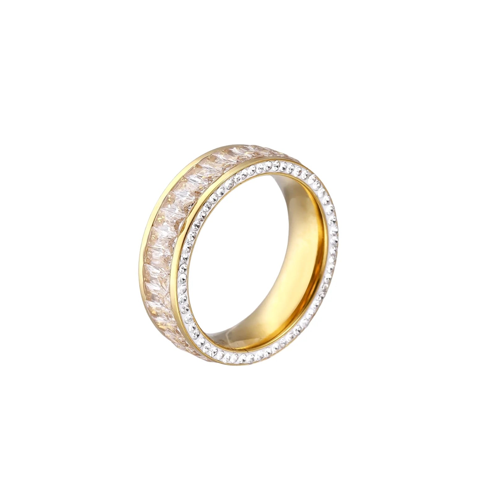 14K gold-plated ring with dual rows of clear baguette and round zirconia stones on cream background.