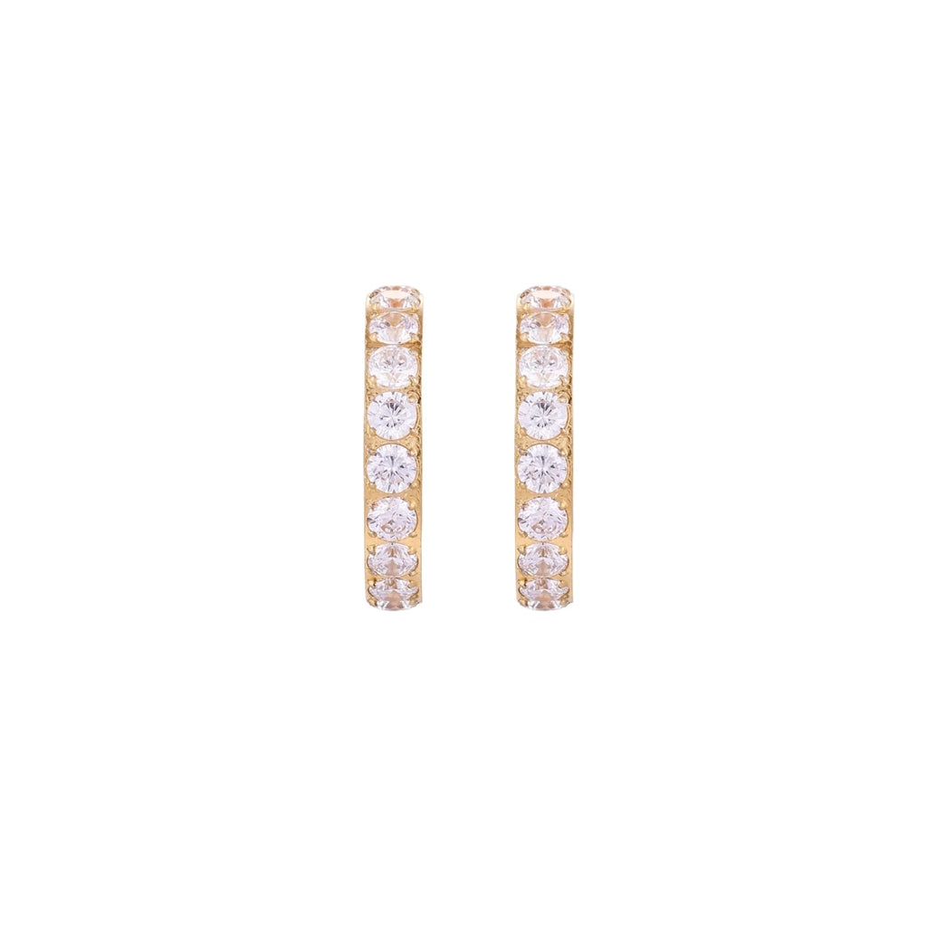 Gold pavé hoop earrings with two freshwater pearls nestled inside the curved design, featuring crystal-studded outer edge.