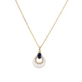 Gold necklace with navy lapis lazuli stone and iridescent mother-of-pearl teardrop pendant with crystal accents