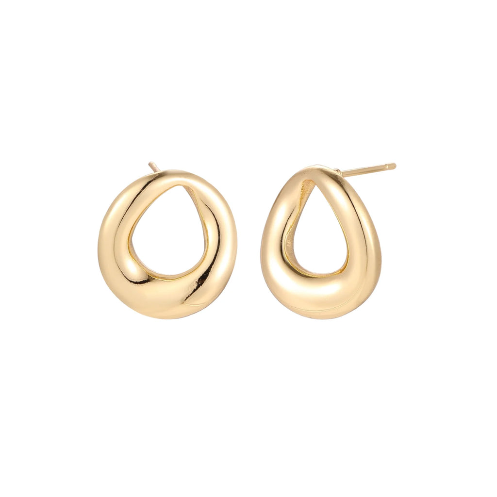 Pair of polished 18K gold-plated stainless steel teardrop earrings with hollow centers on cream background
