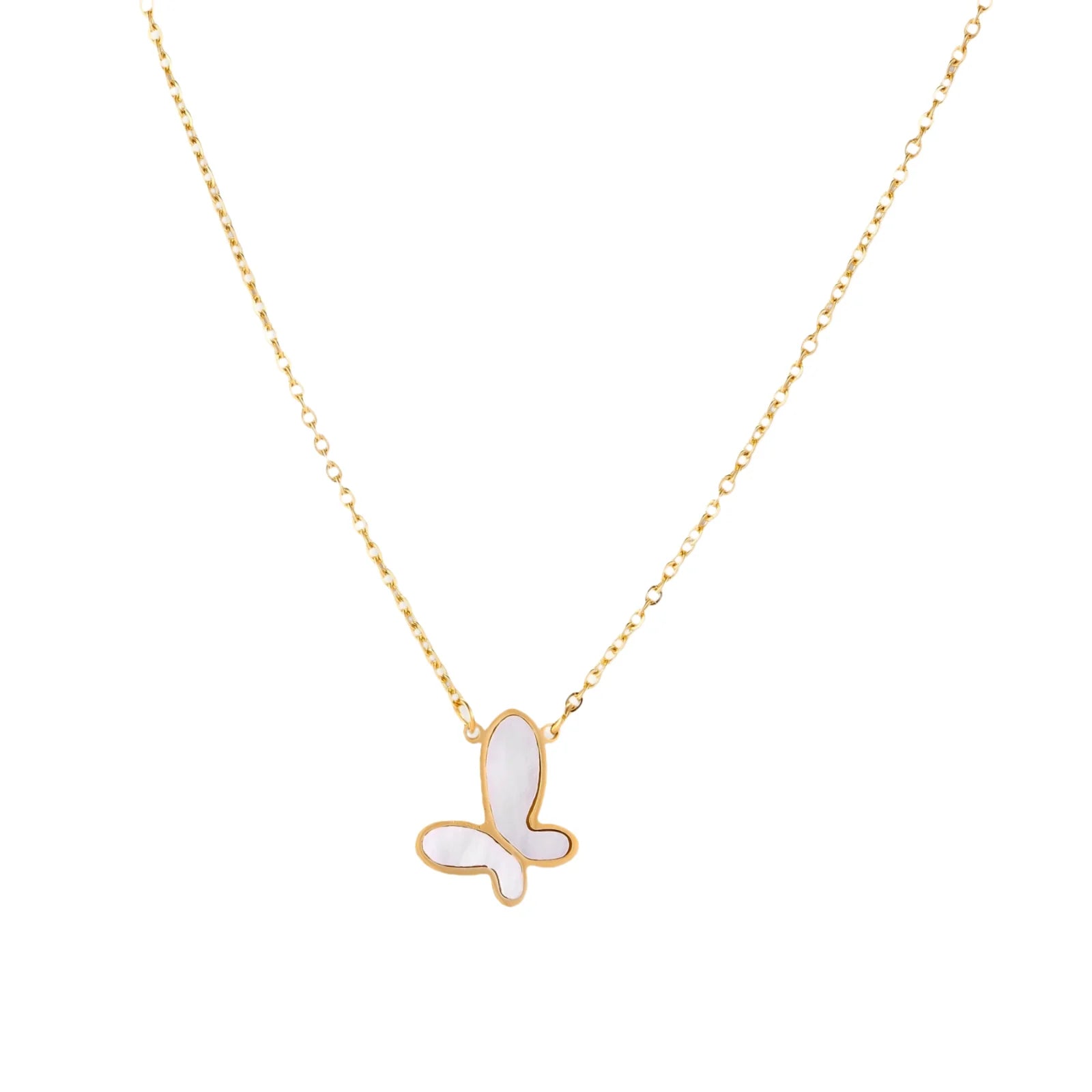 Gold-plated butterfly pendant with iridescent mother of pearl inlay on delicate chain against cream background.