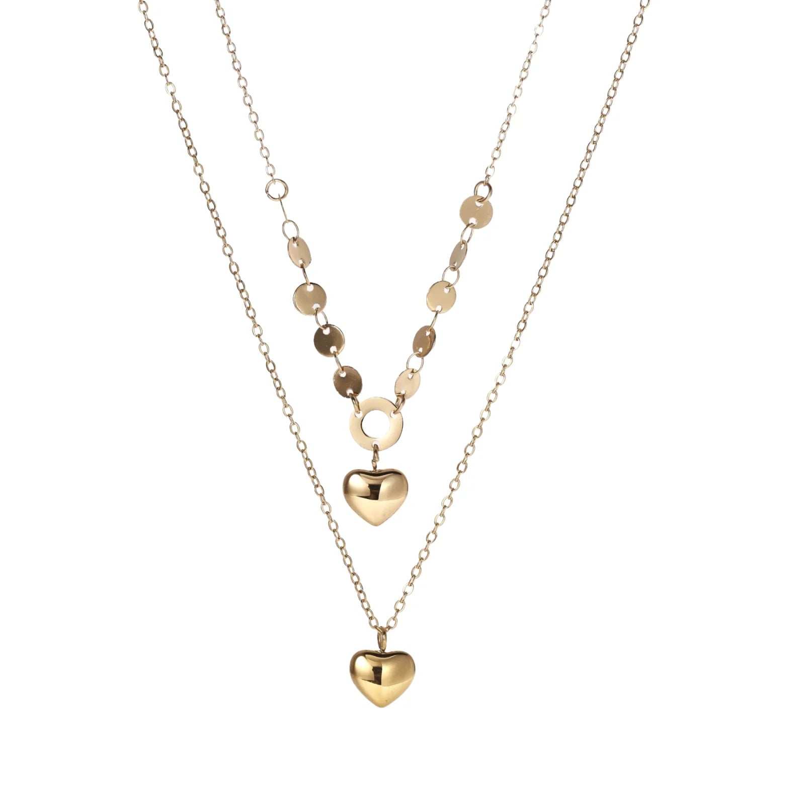 Three-layer 14K gold plated necklace with coin discs and dual heart pendants on cream background