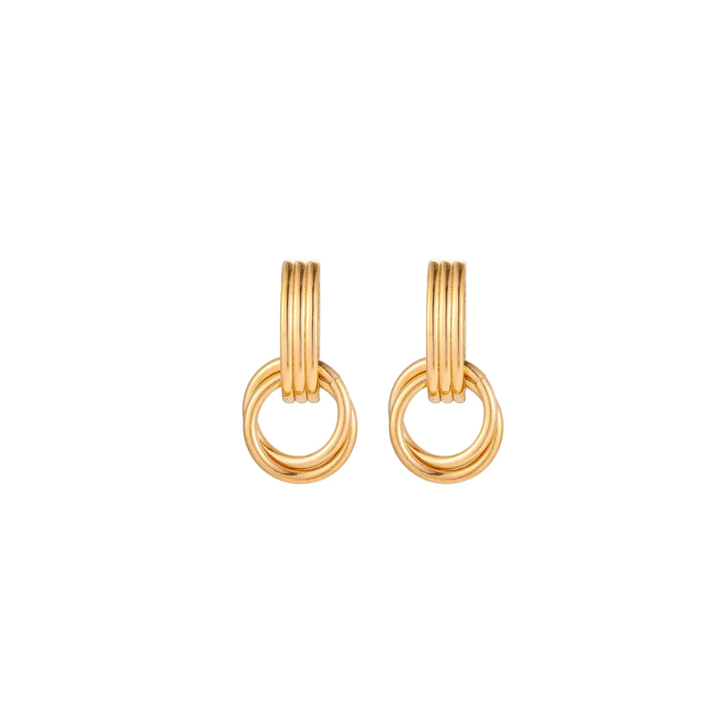 Gold stud earrings with vertical ridged bar connecting to triple interlocking circular rings on white background