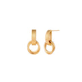 Gold stud earrings with vertical ridged bar connecting to triple interlocking circular rings on white background
