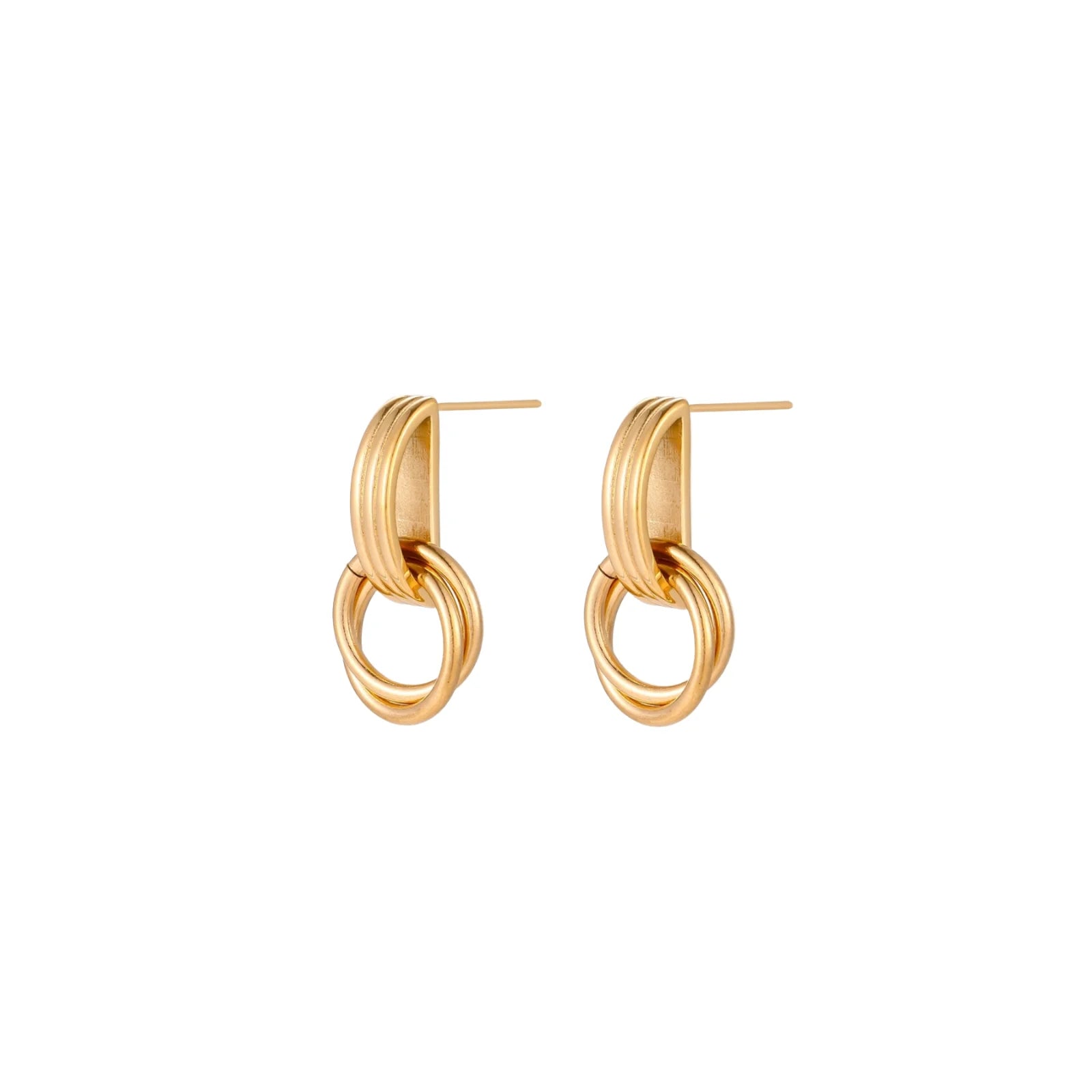 Gold stud earrings with vertical ridged bar connecting to triple interlocking circular rings on white background