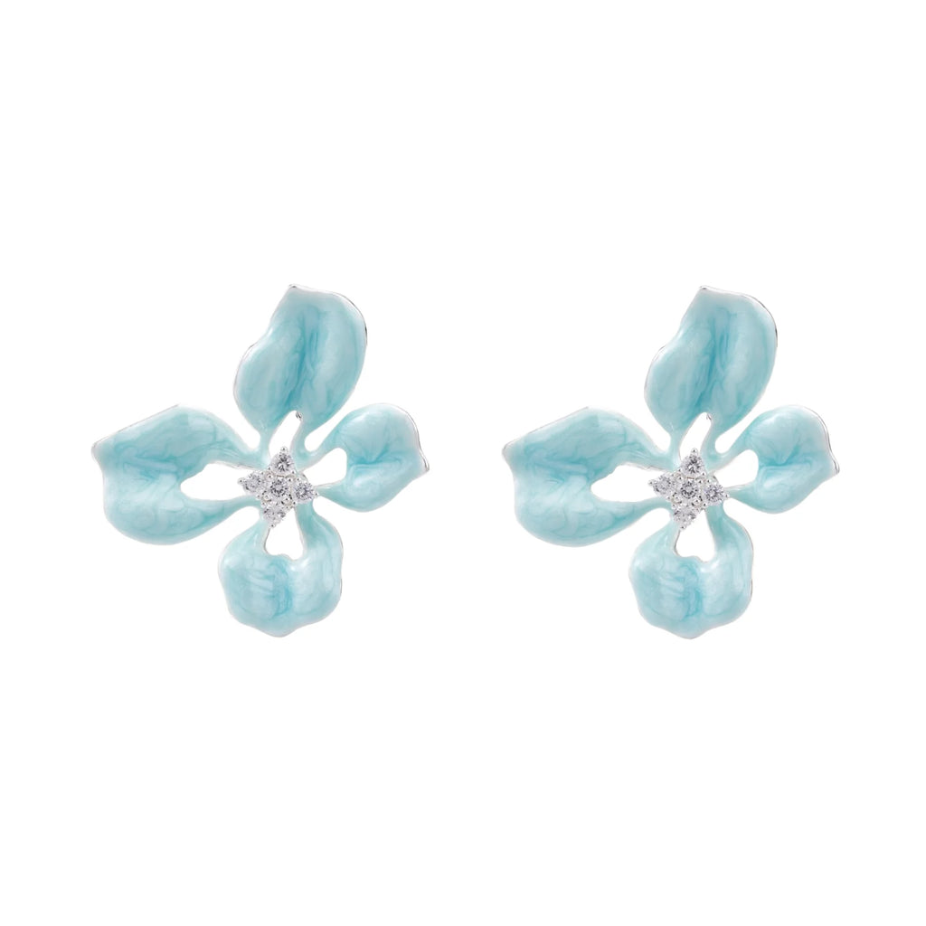 Turquoise enamel flower stud earrings with marbled finish and crystal centers on 18K gold plated brass