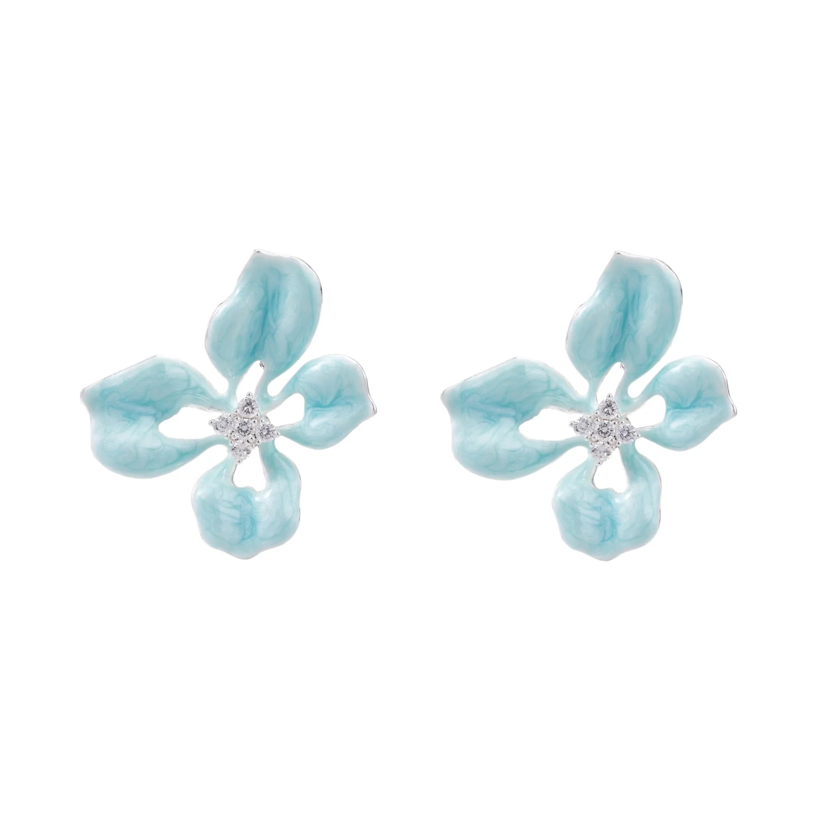 Turquoise enamel flower stud earrings with marbled finish and crystal centers on 18K gold plated brass