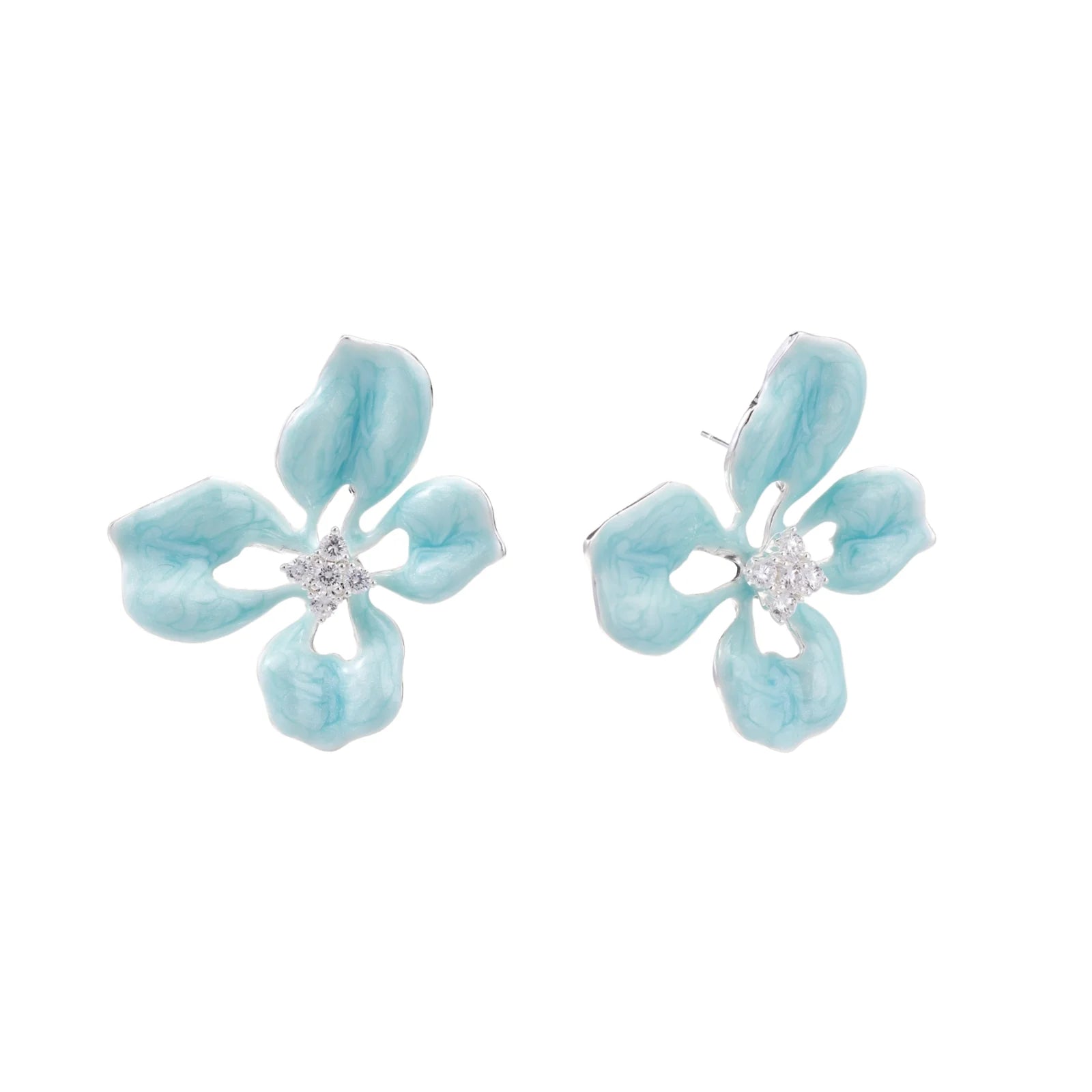 Turquoise enamel flower stud earrings with marbled finish and crystal centers on 18K gold plated brass