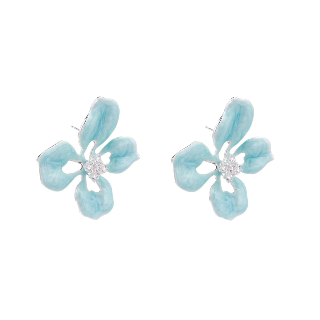 Turquoise enamel flower stud earrings with marbled finish and crystal centers on 18K gold plated brass