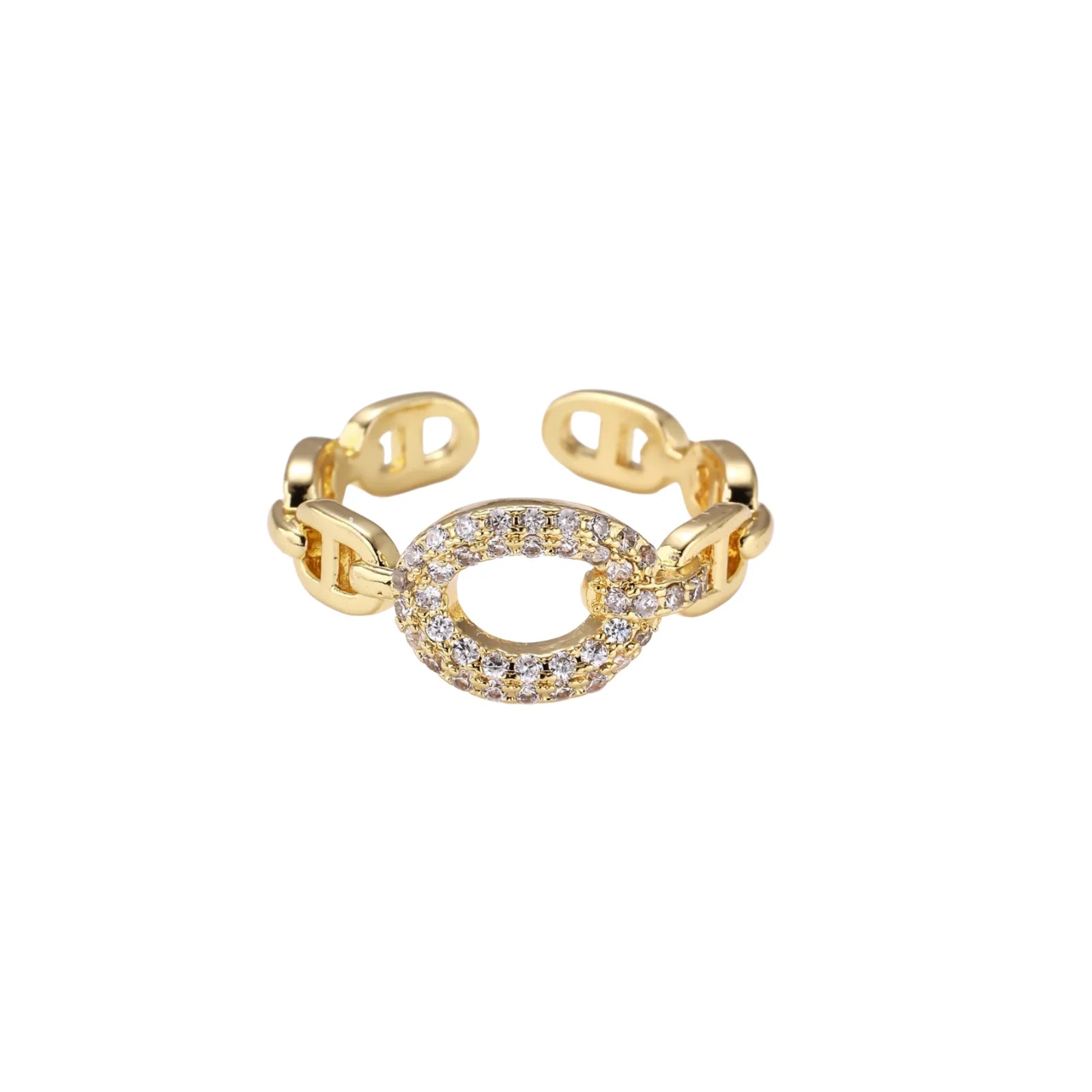 Gold-plated brass chain link ring with one oval CZ-pavé segment on cream background, adjustable cuff style.