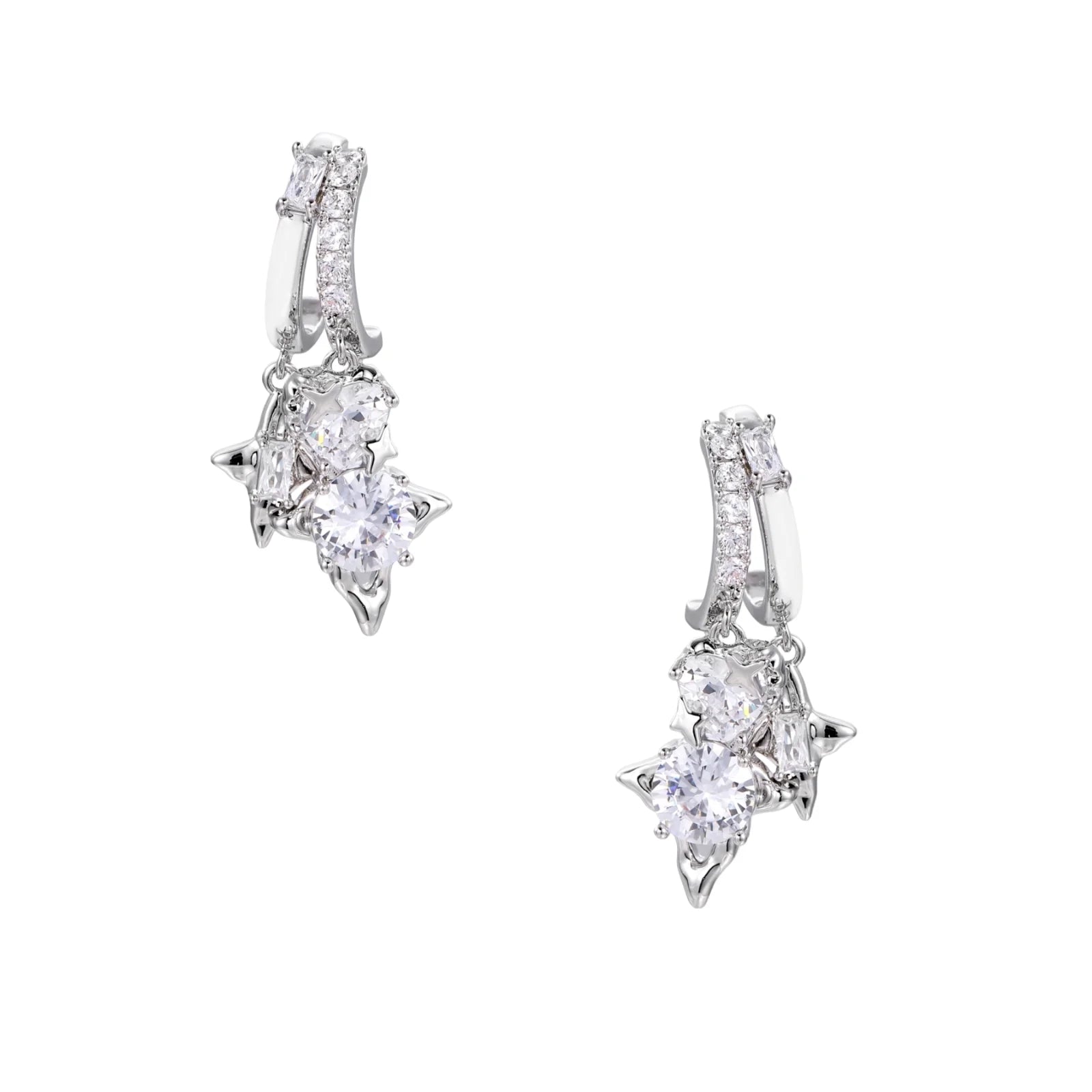 White gold-plated huggie earrings with geometric emerald-cut zirconia clusters in starburst formation on beige background