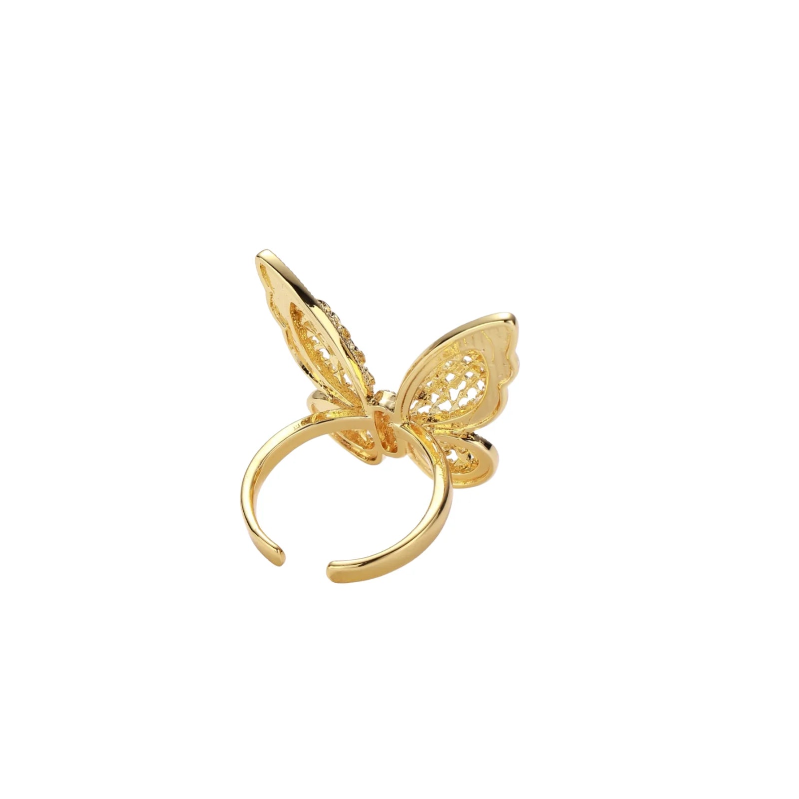 Intricate gold-plated butterfly ring with filigree cutout wings and adjustable band on white background.
