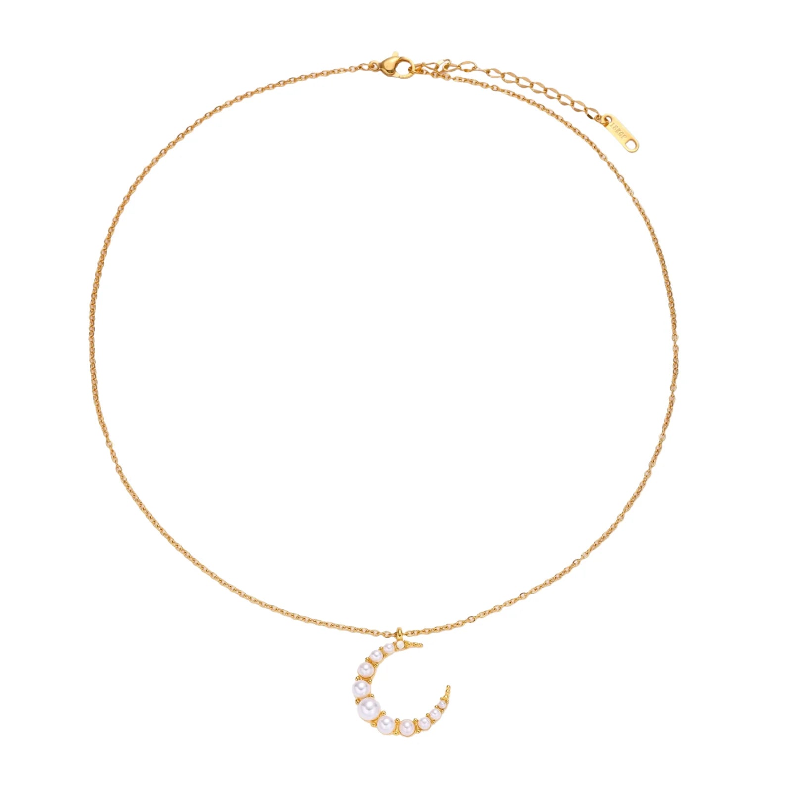 Gold crescent moon pendant with graduated white pearls on delicate chain against cream background